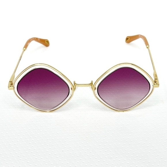 Chloe Sunglasses Tally Rounded Diamond Gold Frame Violet Lenses CE165S New $420